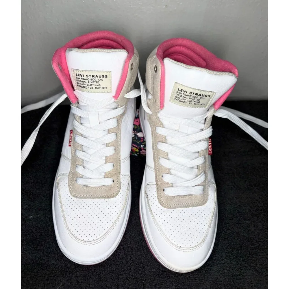 Levi's Girl's High Top Sneakers White Beige Pink Retro Lace Up Casual Shoes